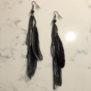 Black Feather Cascading Chain Earrings